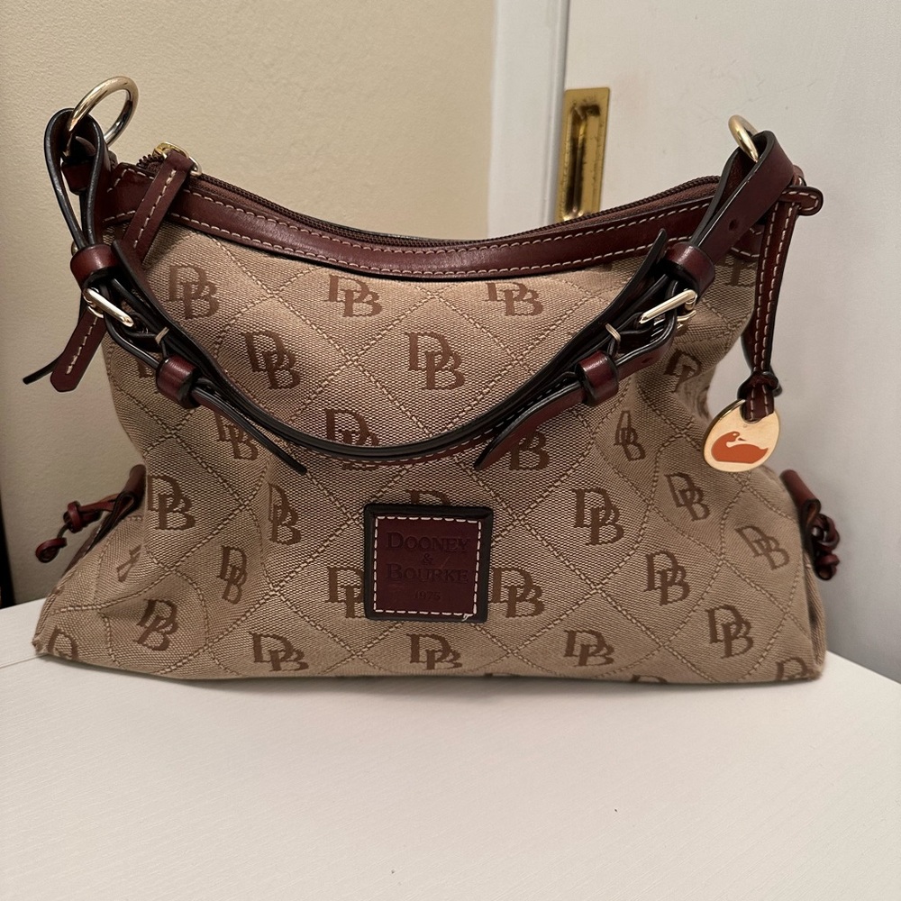 Dooney & Bourke Tan and Brown Shoulder Bag with Leather Trim